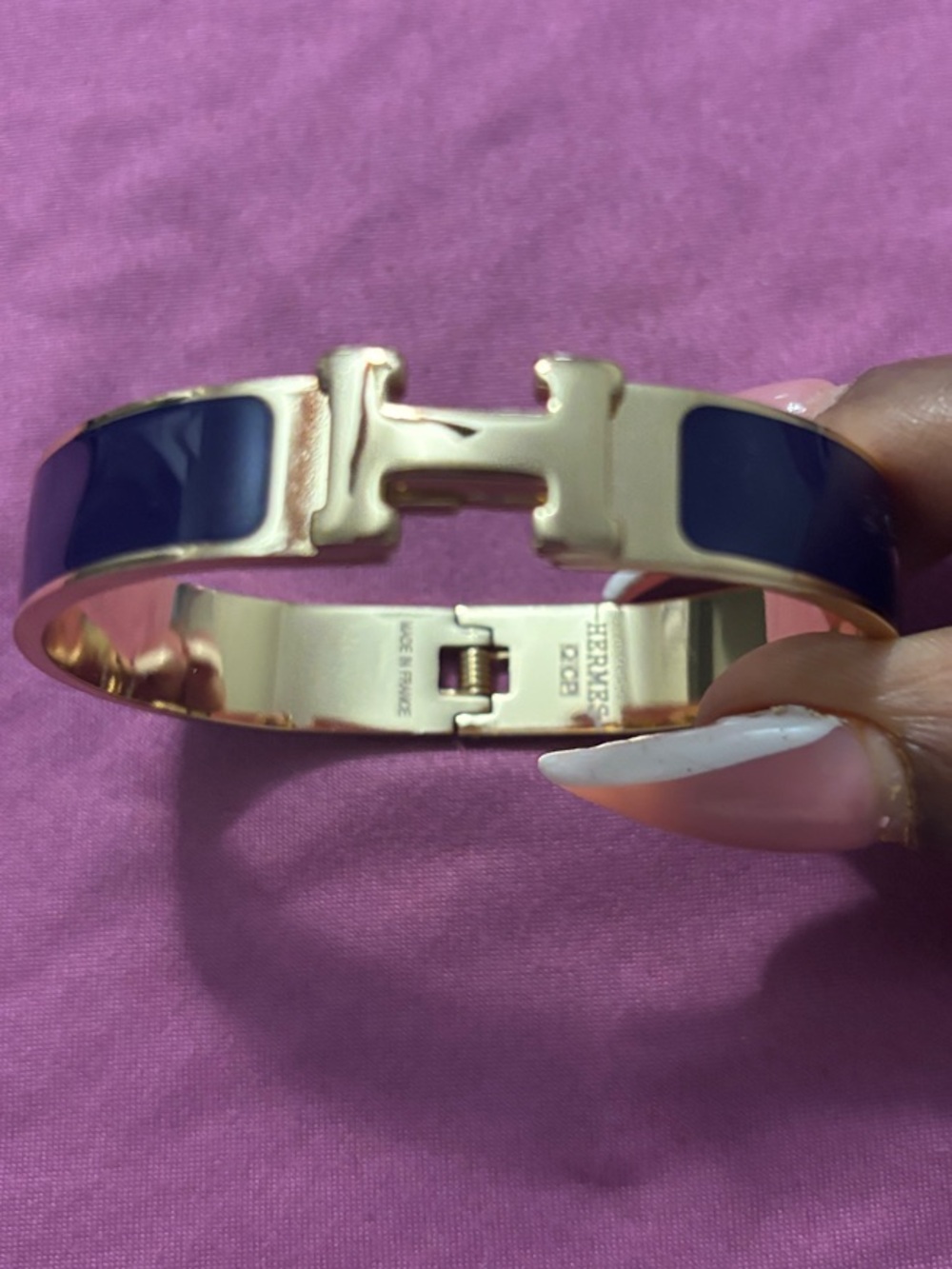 Hermes Clic H Enamel Bangle Bracelet in Navy and Gold